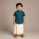 Teal Blue Boys Raw Silk Shirt & Art Silk Dhoti Set | Festive Ethnic Wear (6M–8Y)