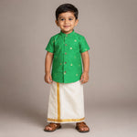 Emerald Green Boys Raw Silk Shirt & Art Silk Dhoti Set | Festive Ethnic Wear (6M–8Y)