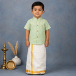 Mint Green Boys Raw Silk Shirt & Art Silk Dhoti Set | Festive Ethnic Wear (6M–8Y)