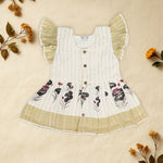 White Cotton Baby Frill Frock with Black Floral Prints & Zari Border