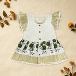 White Cotton Baby Frill Frock with Green Floral Prints & Zari Border