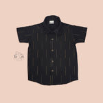 Black silk shirt for boys with vertical golden thread lines – Boon Babies ethnic festive wear for kids aged 12 months to 5 years.