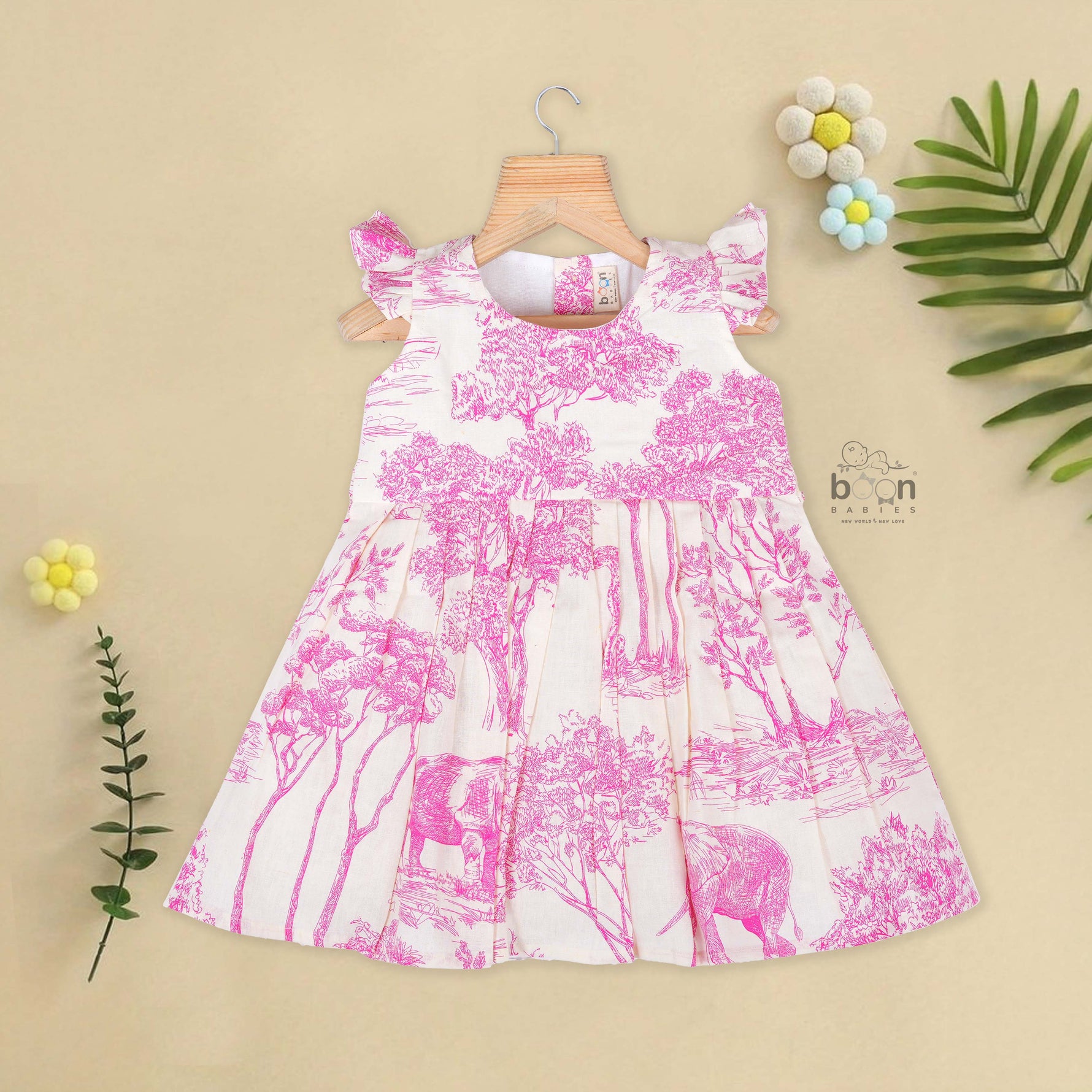 Pink wildlife print cotton frock with flutter sleeves for girls aged 6 months to 5 years. Breathable, soft and playful design from Boon Babies.