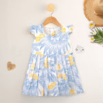 White cotton frock with soft floral prints in blue & yellow. Comfy cap sleeves, perfect for 6M to 5Y girls.