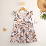 Elegant cotton frock with peach & grey leaf print and cap sleeves. Ideal for girls aged 6M to 5Y.