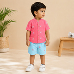 Boys' coral pink handloom cotton shirt and shorts set with printed design, straight collar, by Boon Babies.