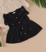 Black South Cotton Baby Frock with Handwoven Butta & Wooden Buttons