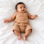 Boon Babies Boys Cotton Sleeveless Co-ord Set – Beige Striped Top & Shorts