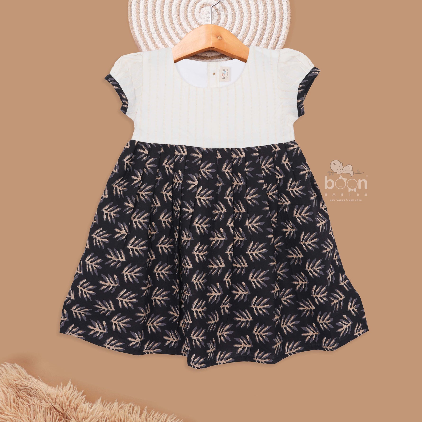 Elegant Black Leaf Frock with Floral Print