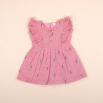 Dusty Pink Girls Printed Frock with Ruffle Sleeves and Wooden Buttons
