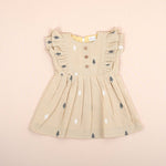 Beige Girls Printed Frock with Ruffle Sleeves and Pleated Skirt