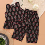 Black Floral Slub Cotton Top & Pant Set with Ruffle Style – Baby Girls