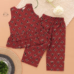 Stylish maroon floral top & pant set in slub cotton with lining. Ages 6M–4Y. A chic and comfortable festive & casual outfit.