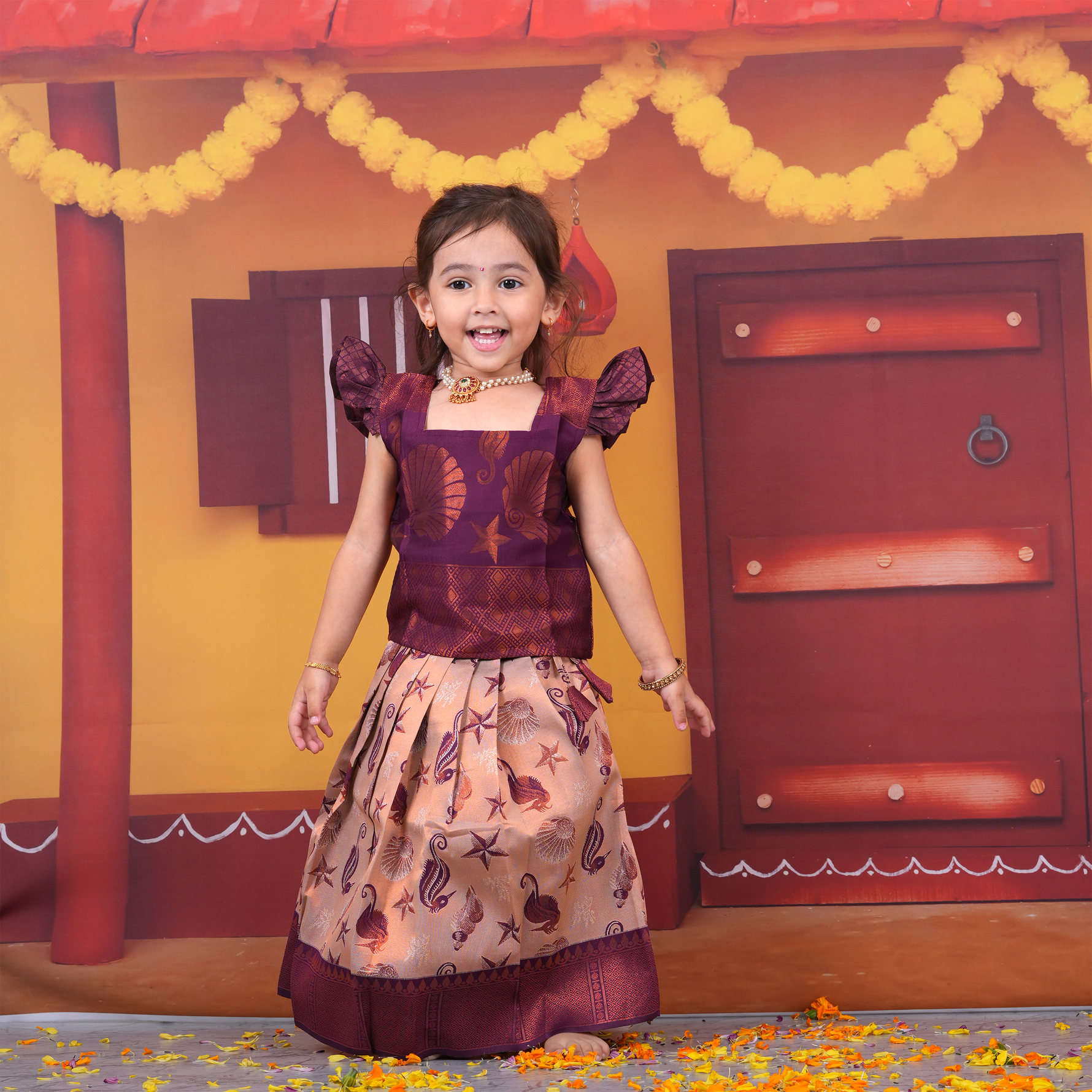 Royal Purple and Gold Ethnic Pattu Pavadai Set for Girls Boon Babies