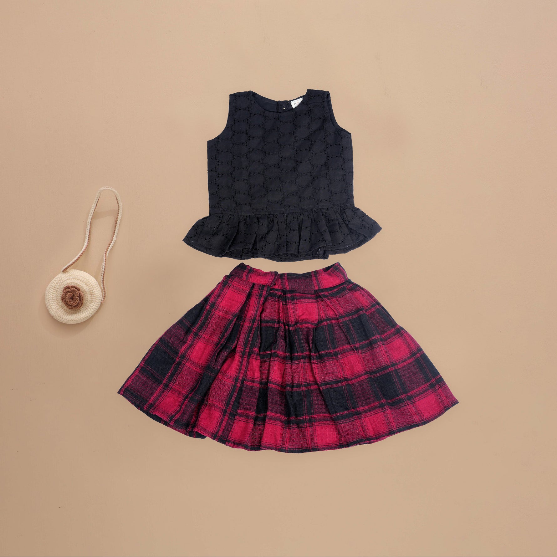 Elegant Black Hakkoba Printed Top with Red Knee-Length Skirt for Girls Boon Babies