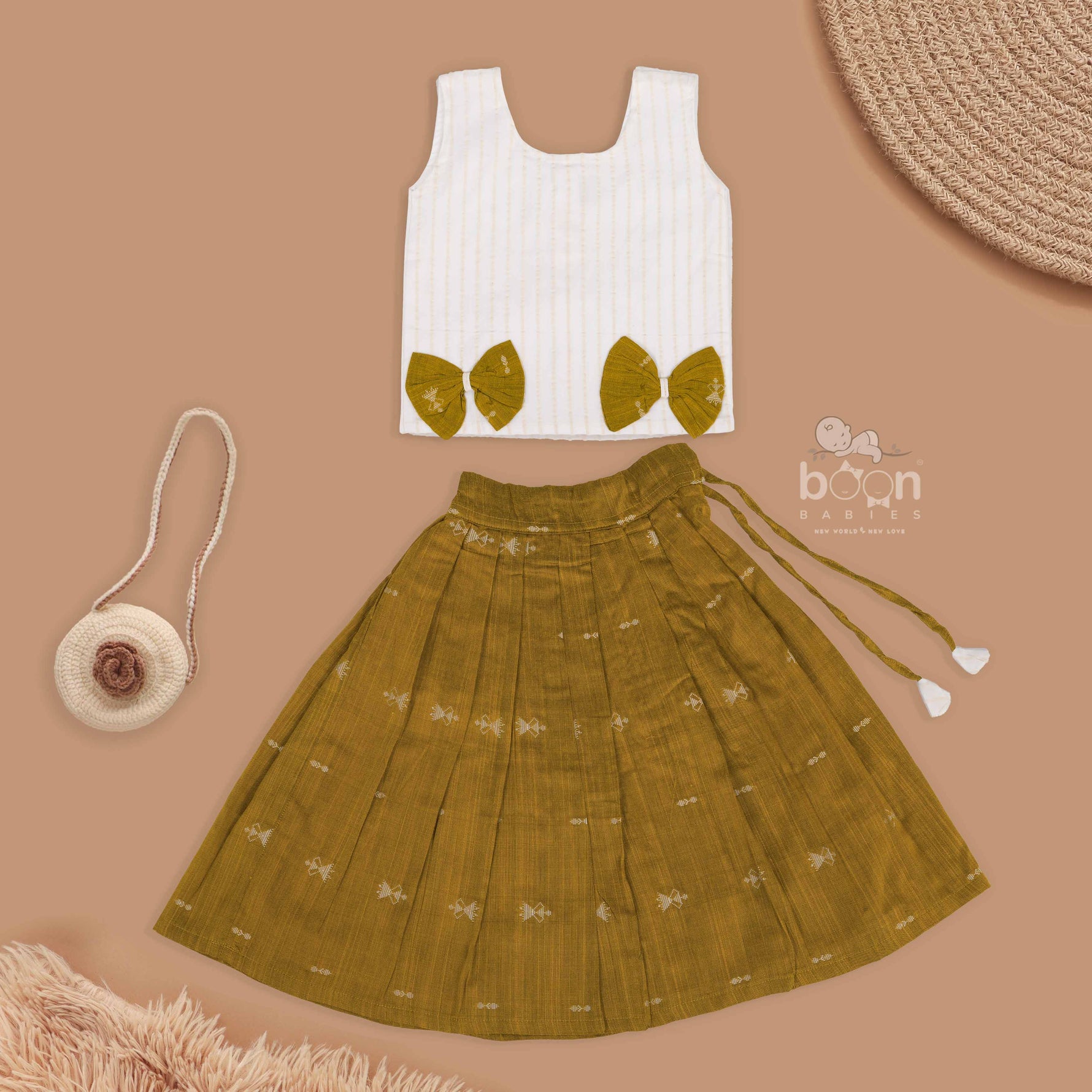 Trendy Mustard Cotton Girls Top And Skirt Set with Pleats