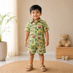 Bright Jaipur cotton shirt and shorts set for kids by Boon Babies, featuring printed design and straight collar for summer comfort.