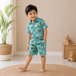 Pink Jaipur Cotton construction vehicle print shirt and matching shorts for kids, featuring straight collar design by Boon Babies.