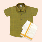 Classic Mustard Silk Festive Check Shirt & Dhoti Set for Boys