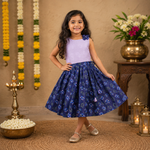 Girls lavender ethnic top and floral pleated skirt set by Boon Babies, featuring a stylish coordinated outfit for girls.