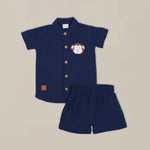 Navy Blue Crinkled Muslin Shirt and Shorts Set with Monkey Embroidery