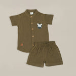 Olive Green Muslin Shirt & Shorts – Zebra Embroidery