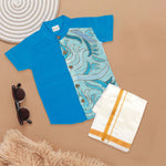 Sky Blue Silk Panel Shirt with Cream Pattu Dhoti – Elegant Traditional Outfit for Boys