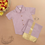 Purple silk shirt & dhoti with golden zari border for boys aged 6M–5Y. Perfect traditional wear for Onam & special occasions.