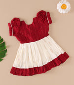 Red & Cream Silk Puff Frock with Golden Zari Checks