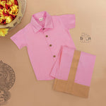 Pink silk dhoti set with golden zari border for boys (6M–5Y). Festive, traditional & baby-comfort friendly.