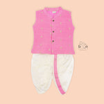 Soft pink silk Panjagajam set with white dhoti. Designed for baby boys aged 6M–3Y. Perfect for festive occasions and ceremonies.