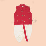 Traditional red silk panjagajam set with a stylish butta jacket – perfect for boys aged 6M to 3Y. A festive must-have from Boon Babies.