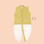 Elegant olive green silk panjagajam set for boys aged 6M–3Y – festive and soft for all-day celebration comfort.