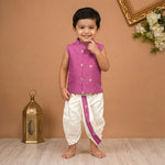 Boys Baby Pink Silk Panchagajam Set with Butta Print | Mandarin Collar Ethnic Wear