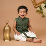 Boys Baby D.Green Silk Panchagajam Set with Butta Print | Mandarin Collar Ethnic Wear