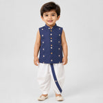 Boys Baby N.Blue Silk Panchagajam Set with Butta Print | Mandarin Collar Ethnic Wear
