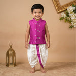 Boys Baby Magenta Pink Silk Panchagajam Set with Butta Print | Mandarin Collar Ethnic Wear