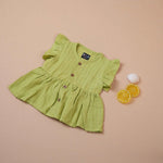 Pista Green Muslin Baby Frock with Wooden Buttons – Soft & Stylish Boon Babies