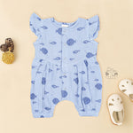 Baby romper in soft blue crinkled muslin with navy fish prints and snap buttons – perfect for 0 to 12 months, from Boon Babies, Coimbatore.