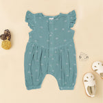 Crinkled muslin baby romper in dusty green with white sun print and flutter sleeves – perfect for 0 to 12 months, from Boon Babies baby cloths collection in Coimbatore.