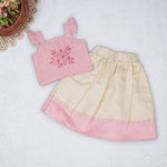 Blush pink embroidered cotton top with cream skirt, elastic waist and lining โ elegant Kerala-style ethnic wear for girls aged 1โ5 years.