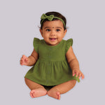 Olive Green Crinkled Muslin Baby Frock – Soft, Breezy & Adorable