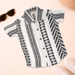 Black and white printed boys' cotton casual shirt with straight collar, featuring half sleeves and a comfortable fit from boonbabies.