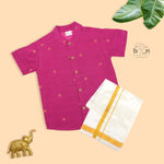 Boys’ festive Mejanta pink silk butta shirt with ivory dhoti & golden zari border. Stylish traditional outfit for ages 6M–5Y.