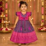 Navy blue and pink ethnic frock for girls by Boon Babies, featuring traditional Pattu design and embroidery details.