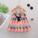 Colorful sleeveless cotton frock with multicolor leaf prints & bow. Ages 1–4 years. Perfect for festive outings, birthdays & everyday cuteness.