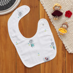 Adorable muslin baby bib with elephant print. Snap-on, soft, and perfect for feeding and drooling – free size for all babies.