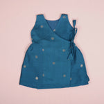 Royal Peacock Blue Silk Baby Ethnic Frock with Side Knot & Gold Buttas