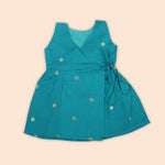 Teal Blue Baby Ethnic Silk Frock with Golden Buttas
