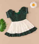 Dark Green & Cream Silk Puff Frock with Ruffled Hem & Golden Zari Stripes